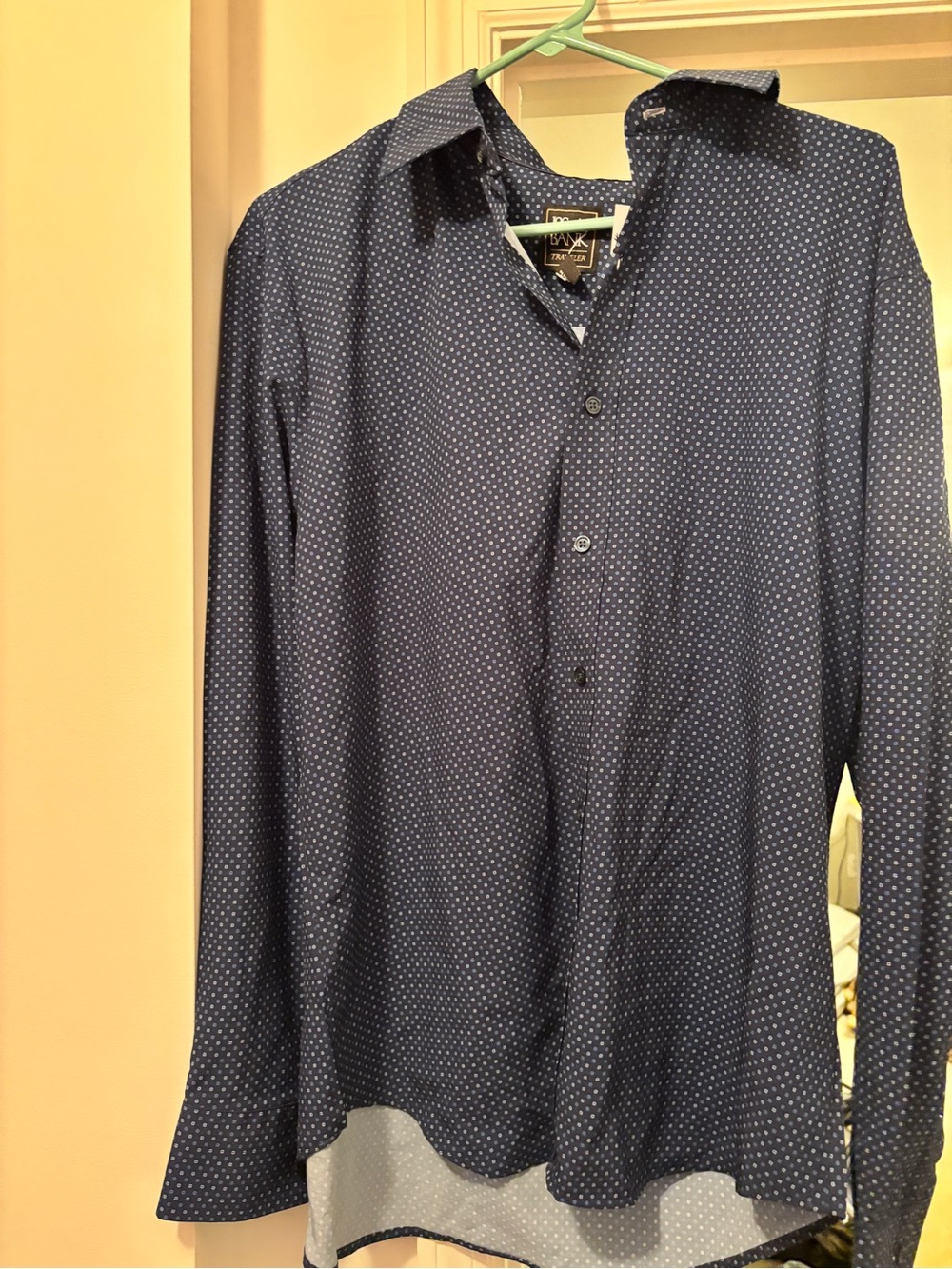 Jos. A. Bank Navy Button-Up Shirt with White Microdot Pattern